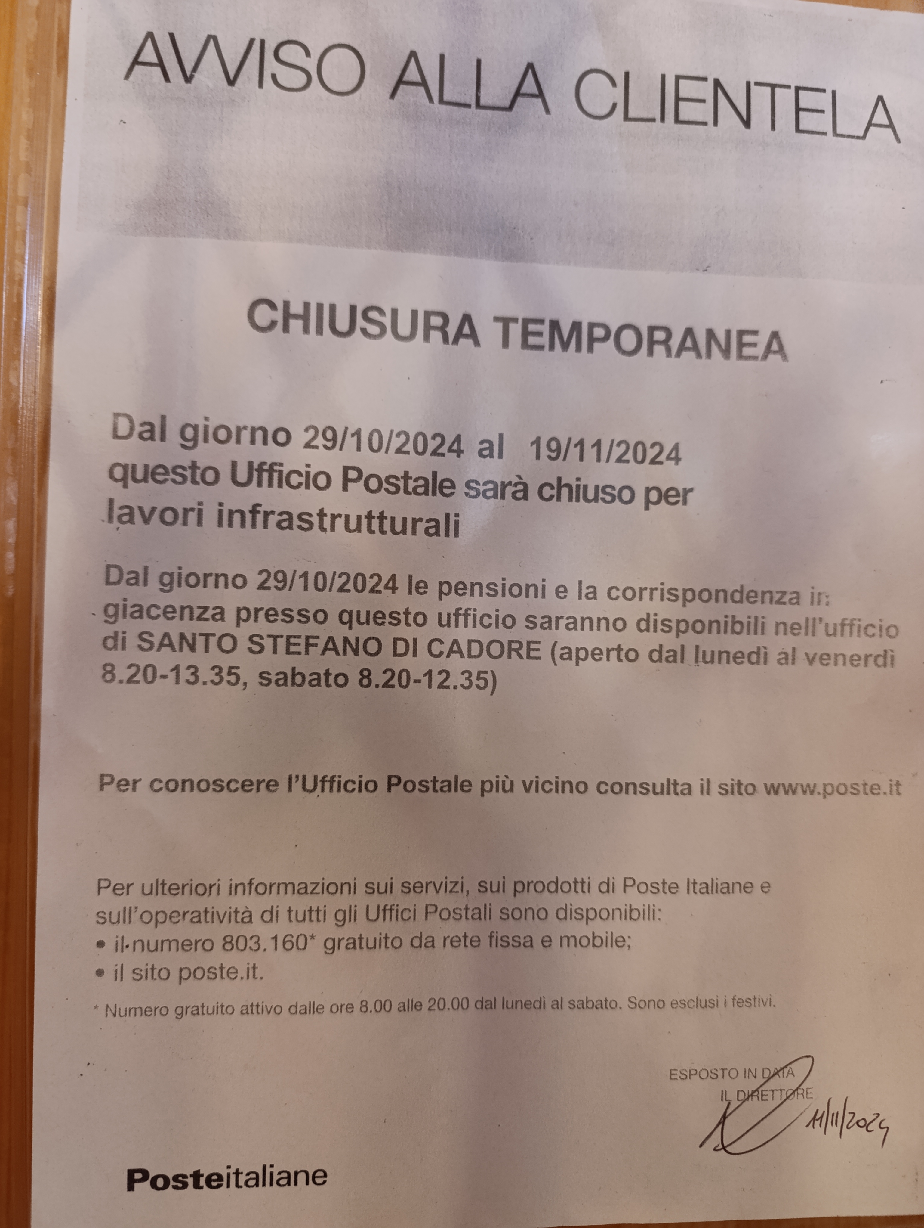 Chiusura temporanea Ufficio Postale fino al 19/11/2024 - Riapertura il 21/11 ore 09:00