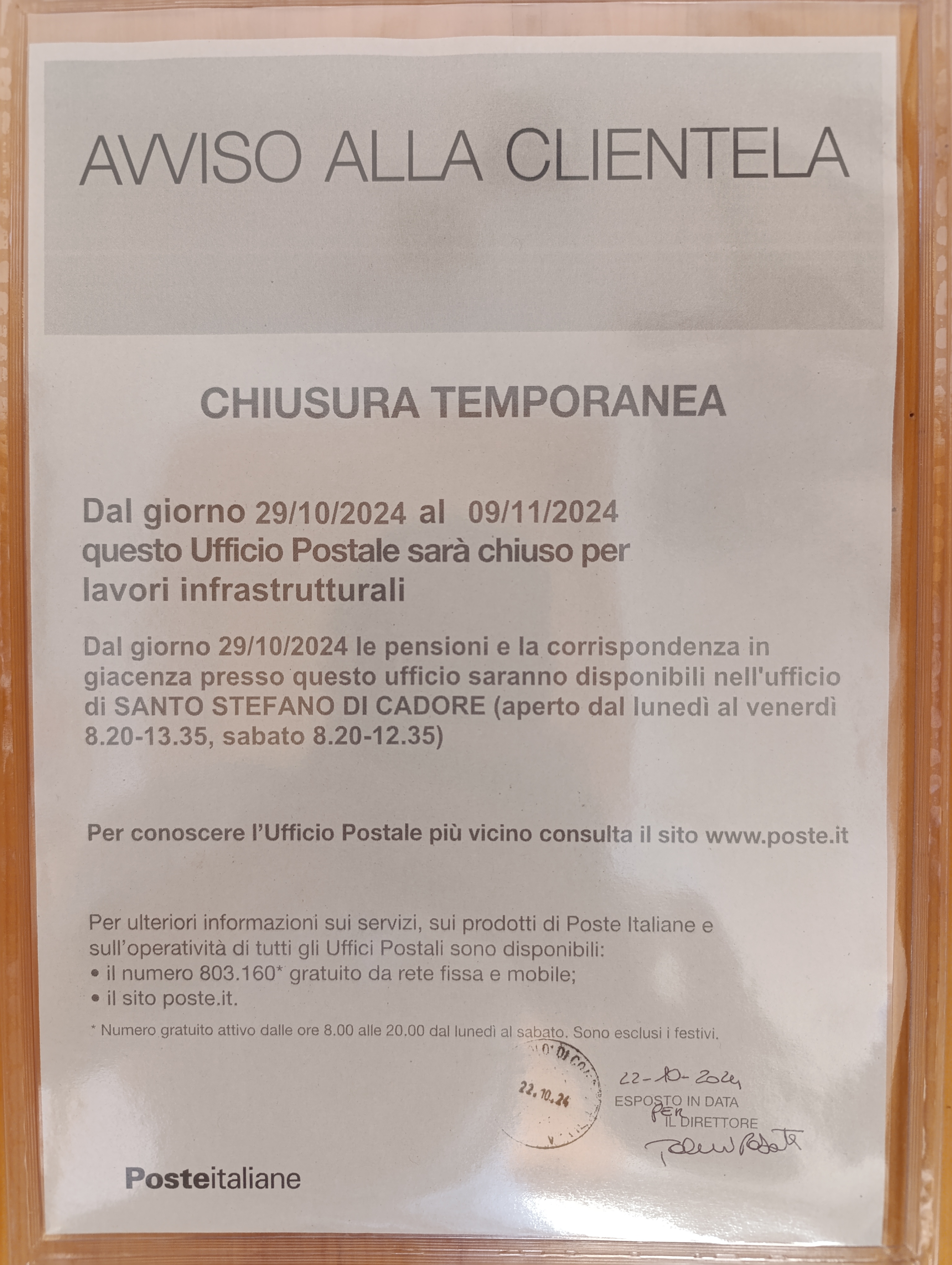 Chiusura temporanea Ufficio Postale dal 29/10/2024 al 09/11/2024